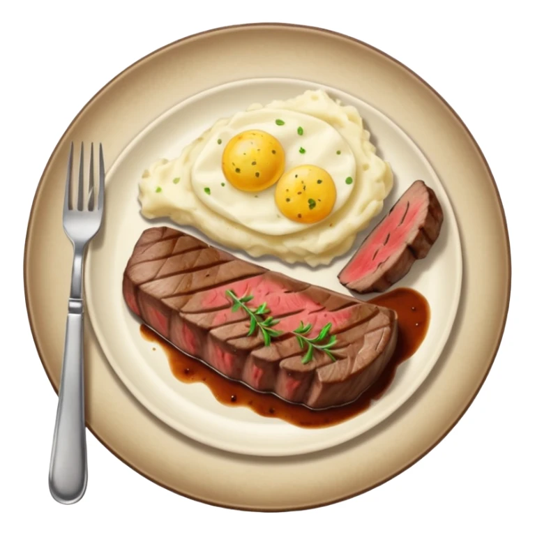 Make plate and fork on the left and knife on the right. And a cooked steak with mash potatoes o the side sticker