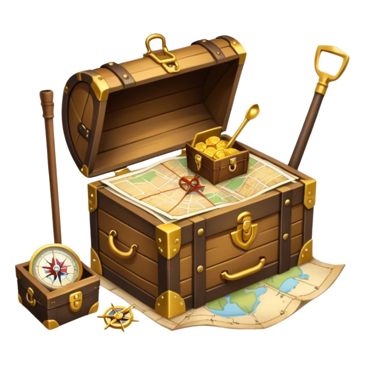 An icon featuring a treasure chest overflowing with gold, a treasure map with a compass rose, a backpack, and a shovel. The map guides the way, symbolizing the adventure of treasure hunting. Set against a transparent background, the design evokes excitement and exploration. sticker