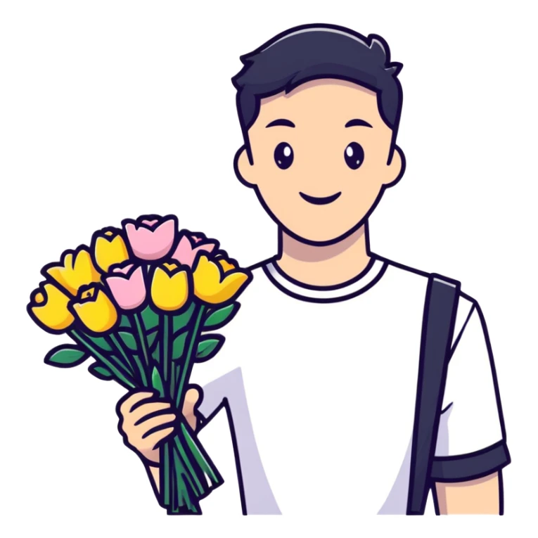 Cute boyfriend holding flowers and smiling sticker