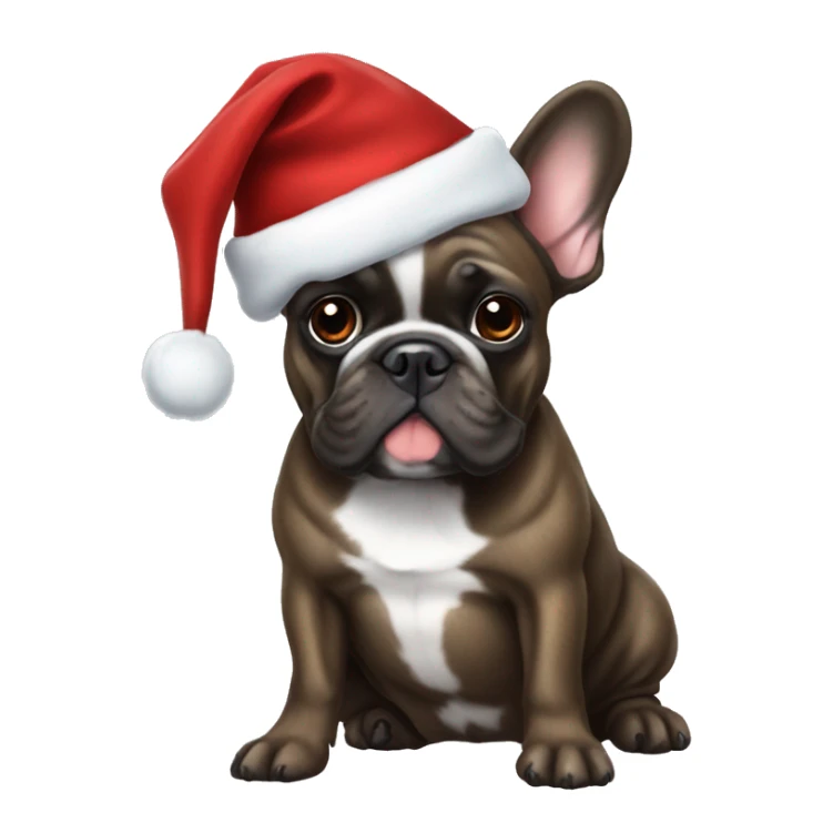 Brindle french bulldog wearing a Christmas hat sticker