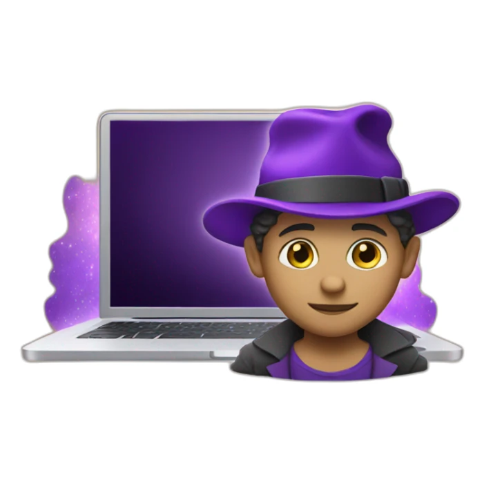 light skin magician with a purple magic hat working on a macbook sticker