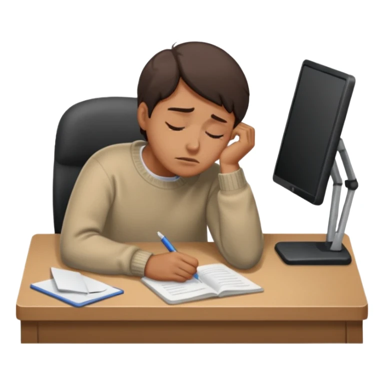A person wearing a jumper experiencing burnout, exhausted and overwhelmed, tired eyes, slumped posture, sitting at a desk, iOS emoji style sticker