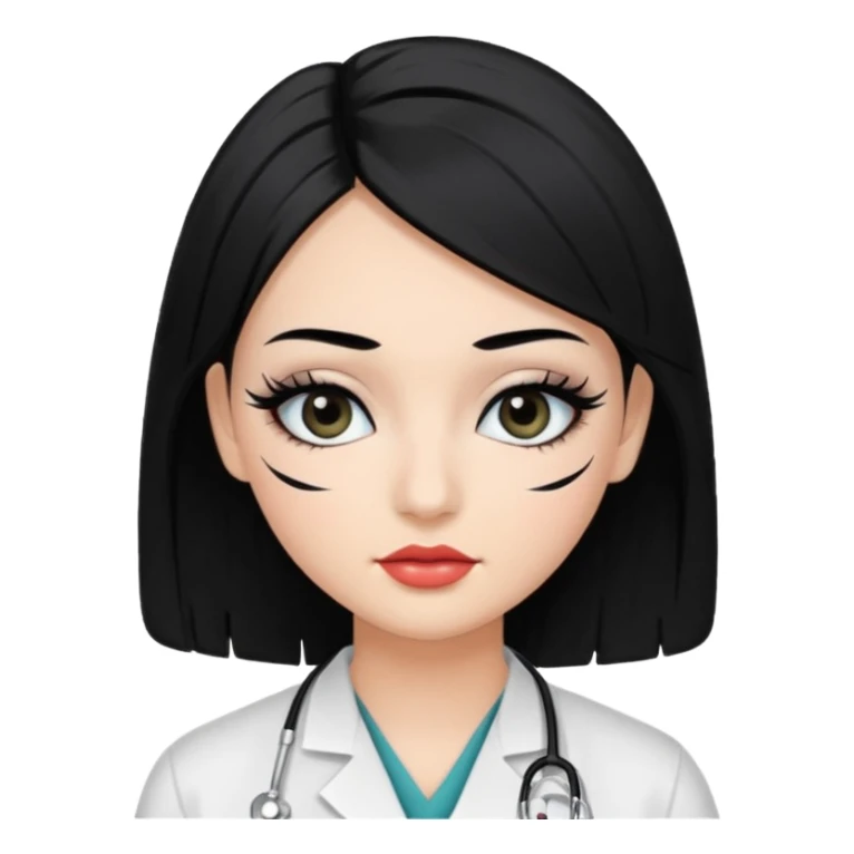 Medical student, black hair, black eyes, false eyelashes, makeup, eyeliner,  sticker