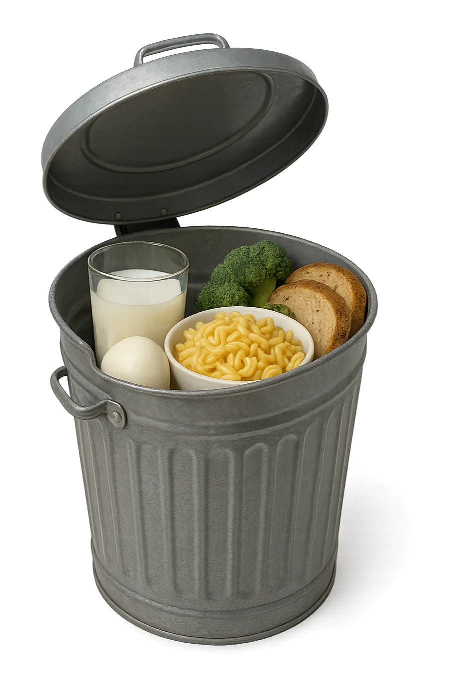 SECCHIO DELLA SPAZZATURA DENTRO CUI CADE UNA MOZZARELLA, UN BICCHIERE DI LATTE, UNA BOWL DI PASTA, QUALCHE BROCCOLO, QUALCHE FETTINA DI PANE sticker