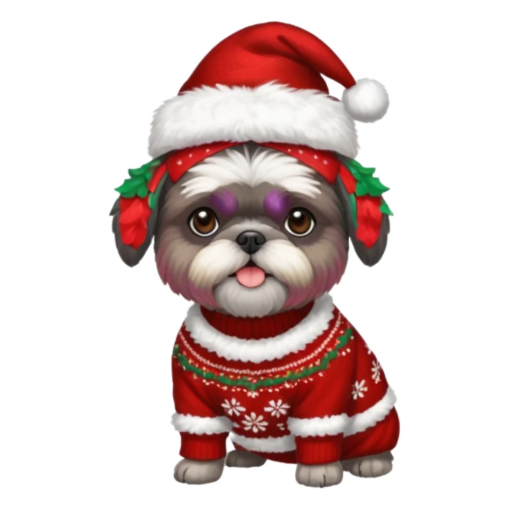 dark grey shih tzu christmas sweater and hat sticker