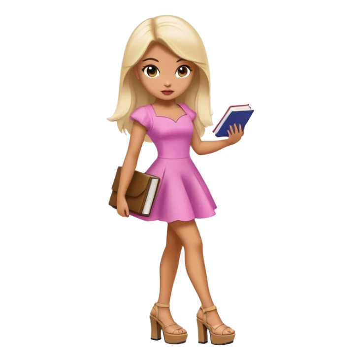 Bimbo walking, platform heels, mini dress, picking up book from ground, hot , bratz sticker