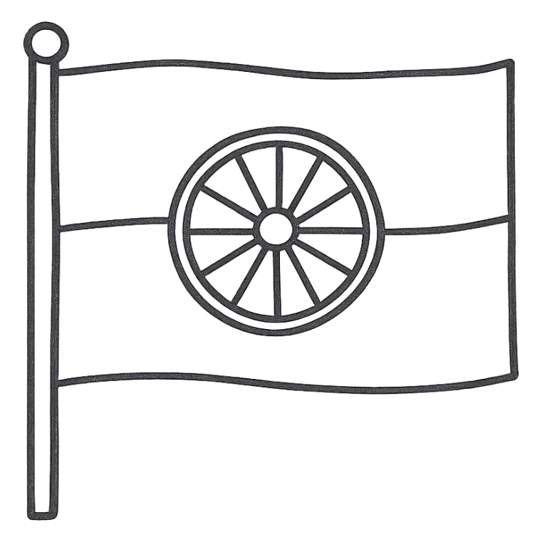 hand-drawn outlined Romani flag icon with sketchy lines and a wheel in the center sticker