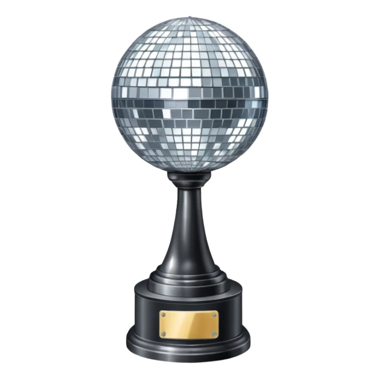 Tall Competition trophy with a silver disco ball on top that says “DWTS”  sticker