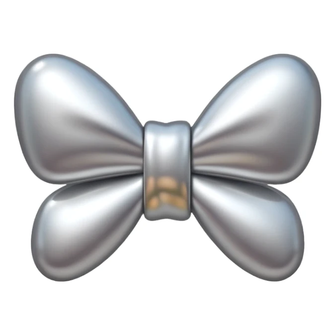 A cute bow emoji made of polished silver chrome, smooth rounded loops, glossy metallic surface, soft mirror reflections, subtle highlights, minimal and adorable proportions, iOS emoji style, centered composition, clean white background, soft studio lighting, no text, no outline, ultra high quality sticker