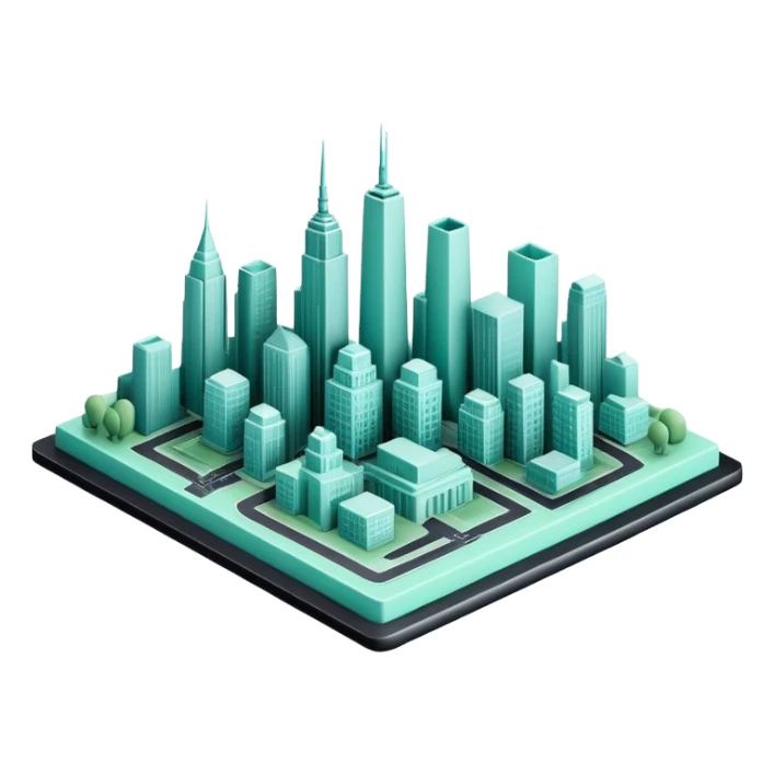 Urbanisme & Aménagement (Urban Planning), 3D techy icon with black and mint green (#B5F4D3) color scheme, city skyline with blueprint sticker
