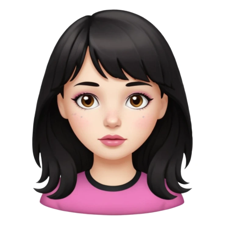 white girl, oval face, bangs and long black, slightly wavy hair. With round brown eyes, small and round nose, full and pink lips. Skin with some freckles. rock style sticker