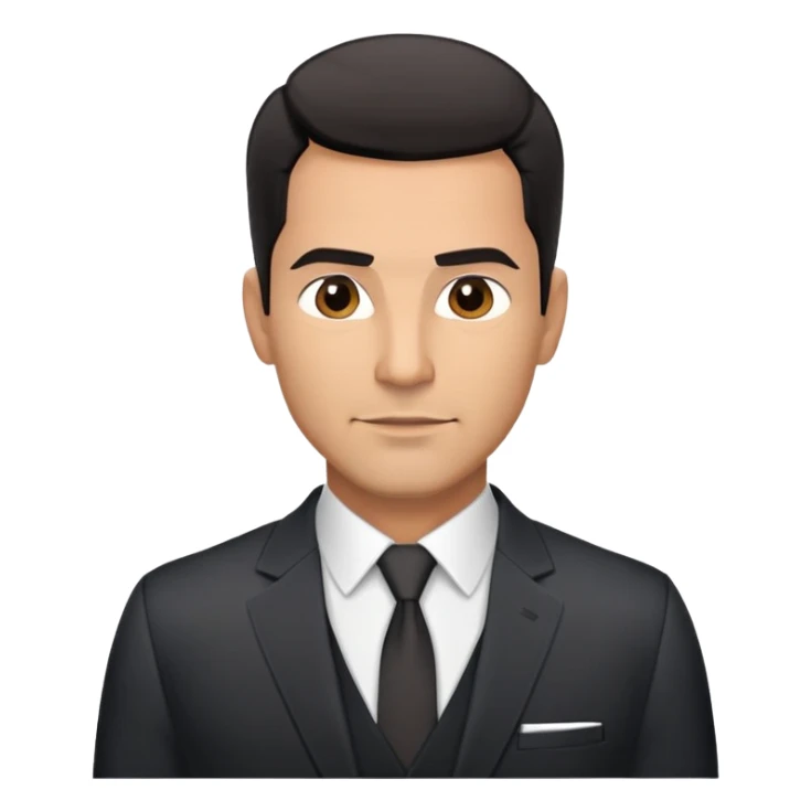 Handsome athletic Hispanic man in his late 40s with tan complexion, short black straight hair combed back with faded sides, square masculine face with defined jawline, neutral-friendly TV presenter expression, black suit jacket worn open with white button-up shirt visible sticker