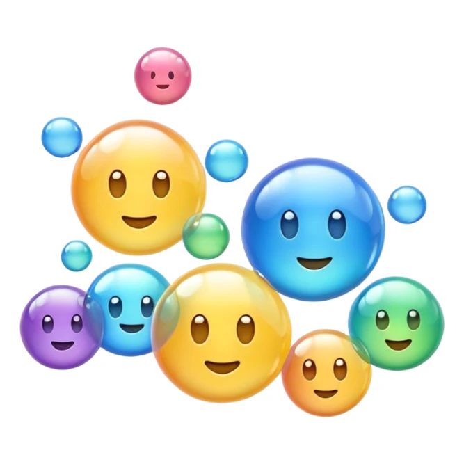 3D iPhone style emoji of multiple bubbles, translucent and shiny, floating in the air, various sizes, isolated on white background, soft shadows, high detail, playful and cute. sticker