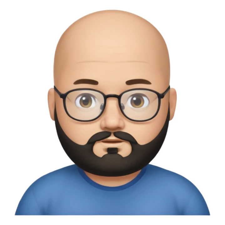 bald on top and hair on sides, chubby face, with glasses and black beard sticker