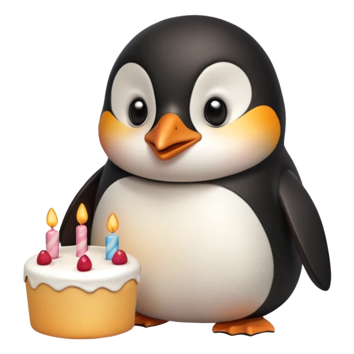 A penguin standing near a cake, feeling shy from a surprise celebration, portrait, bust up sticker