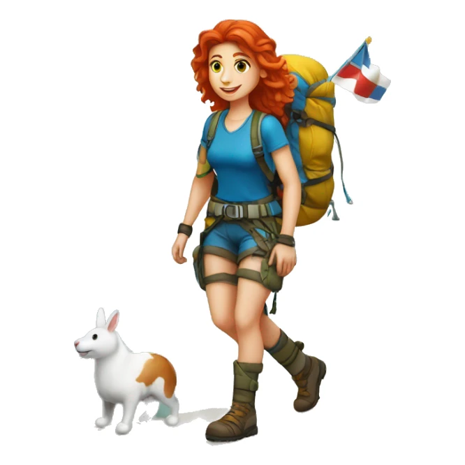 Female mountain climber red hair climbing with Greek flag on backpack and holding Easter eggs basket sticker
