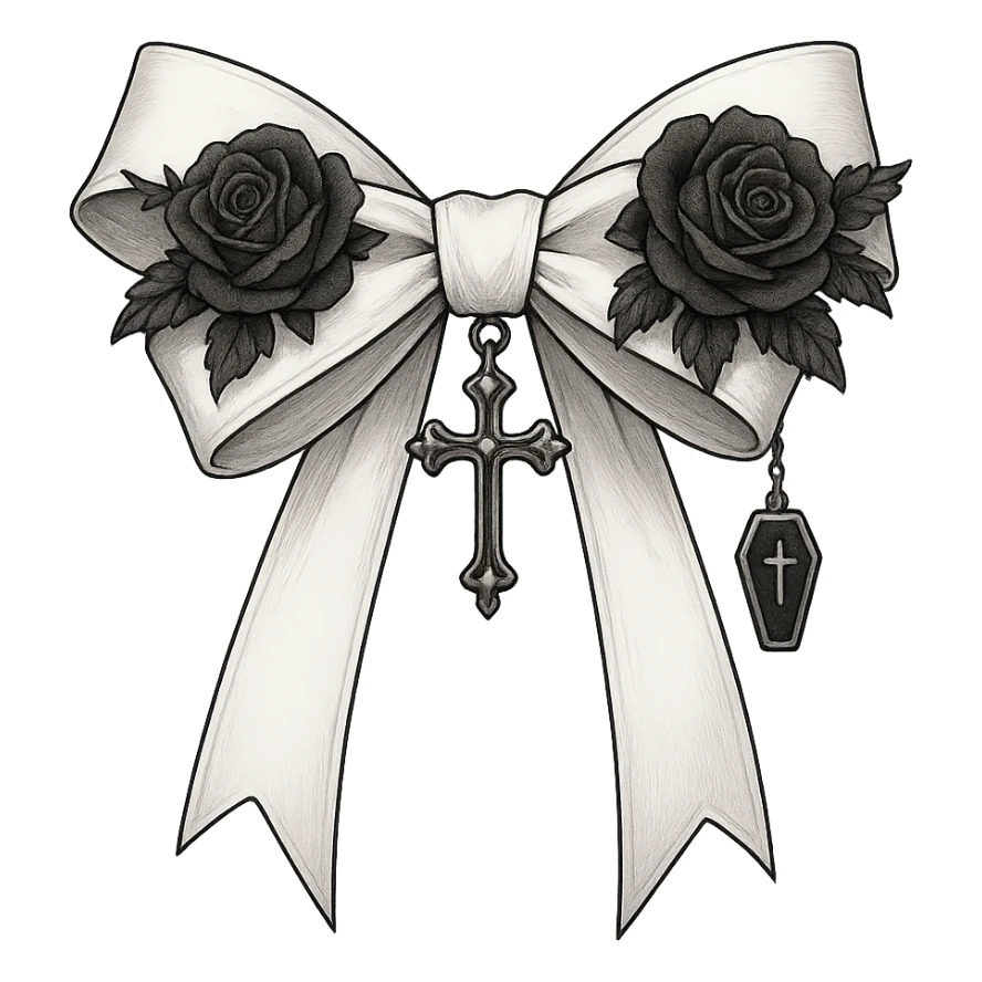 Edit the image to depict a white gothic bow with layered ribbons, a cross pendant, and additional gothic elements such as black rose accents and a tiny coffin charm. The style should be general to allow flexible editing. Remove the background. sticker