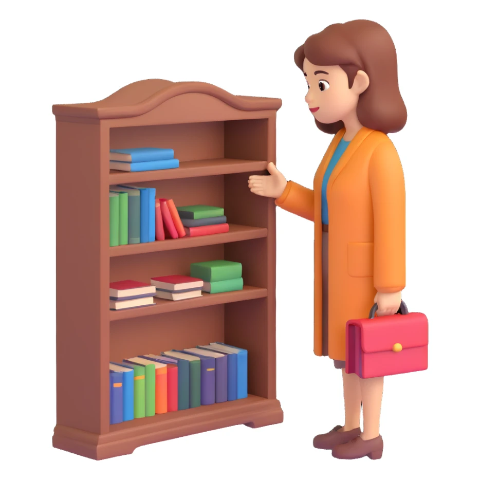 a sad woman looking at a small bookcase sticker