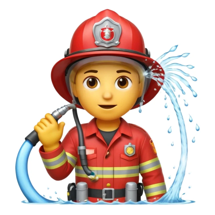 A 3D Apple-style emoji character dressed as a firefighter in a bright red uniform and helmet, holding a fire hose spraying water forward, determined expression with cartoonish eyes, water splashing effect, clean minimal background sticker