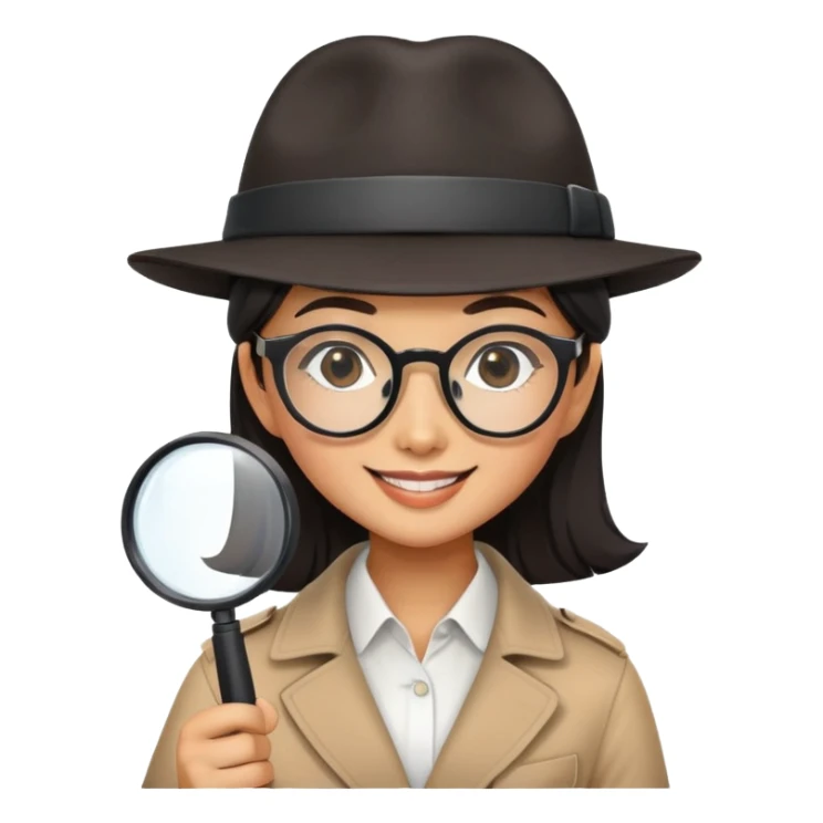 asian girl with large square rectangular black glasses smiling and wearing a detective hat holding a magnifying glass sticker