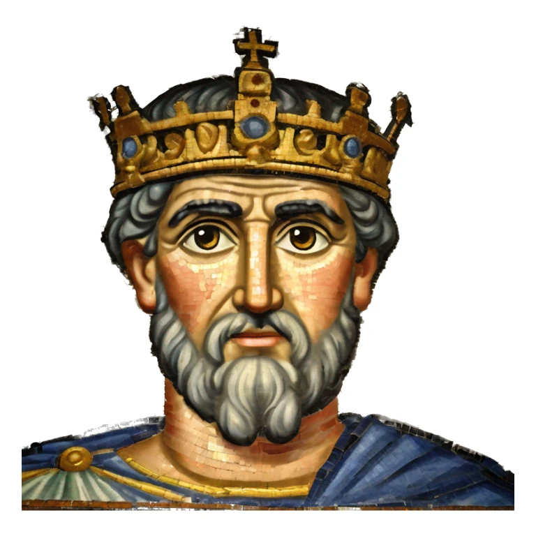 Emperor Justinian with byzantine crown - base his appearance on the Ravenna mosaic of him in San Vitale - see https://en.wikipedia.org/wiki/Justinian_I#/media/File:Mosaic_of_Justinianus_I_-_Basilica_San_Vitale_(Ravenna).jpg  sticker