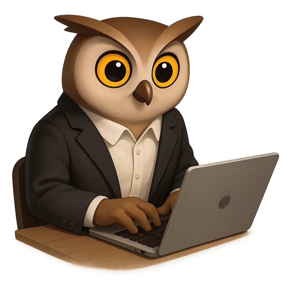 Сова держит в костюме и рубашке сидит за ноутбуком и что-то печатает, прозрачный фон sticker
