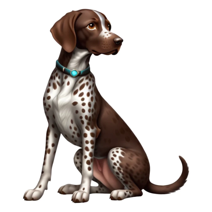 cinematic-[spotted german pointer]-realistic-full-body-sitting-emoji,-tail-resting-loosely-beside-its-paws,-head-tilted-dramatically,-sleek-[brown spotted]-fur,-simplified-yet-realistic-focused-features,-highly-detailed,-glowing-with-an-almost-sarcastic-glow sticker