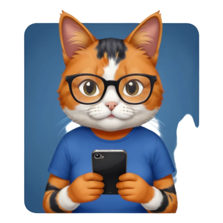 un gato de tres colores naranja, negro y blanco con gafas de leer con un celular en manos leyendo comentarios y que tenga una remera color azul oscuro que diga UOM sticker