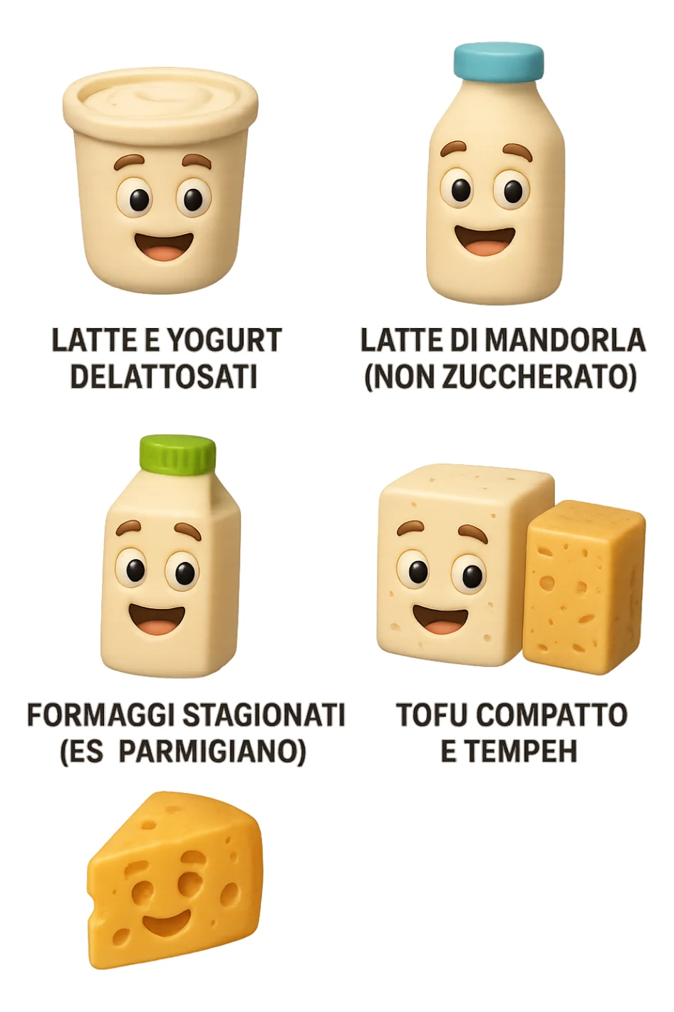 emoji stile iphone 3d di questi elementi che fluttuano in aria:

Latte e yogurt delattosati
Latte di mandorla (non zuccherato)
Latte di soia da proteine isolate
Formaggi stagionati (es. parmigiano)
Tofu compatto e tempeh
 che fluttuano in aria,  le etichette scrivile in italiano, iperealistico 4k sticker