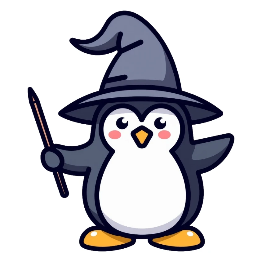 wizard penguin wearing a pointy wizard hat and holding a magic wand sticker