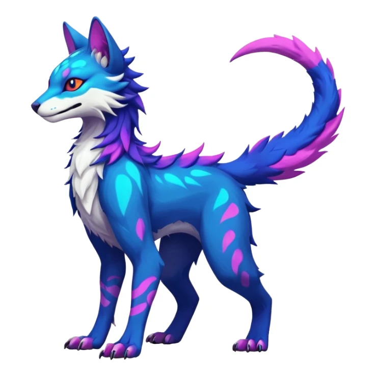 Neon-colored fantasy feline-vernid-sergal-protogen-primagen-fursona animal creature with a tufted tail full body with intricate markings  sticker