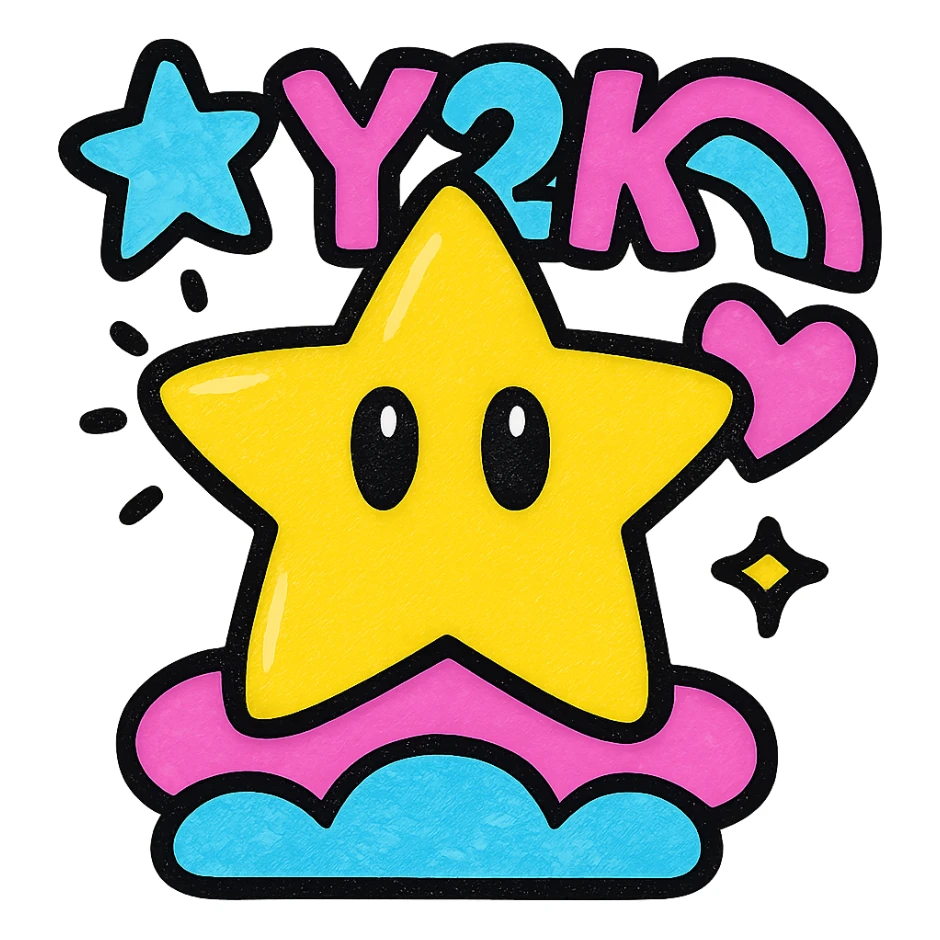 Y2K style Mario star, pastel colors, iridescent shine, and bold 2000s pop accents sticker