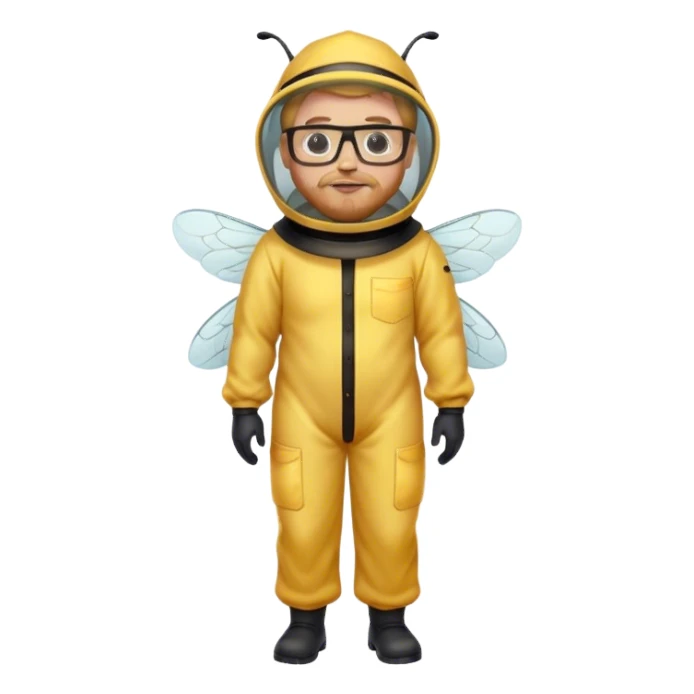 full body medium plus size male bee keeper in yellow and black with  short light strawberry blonde hair and goatee wearing glasses  sticker