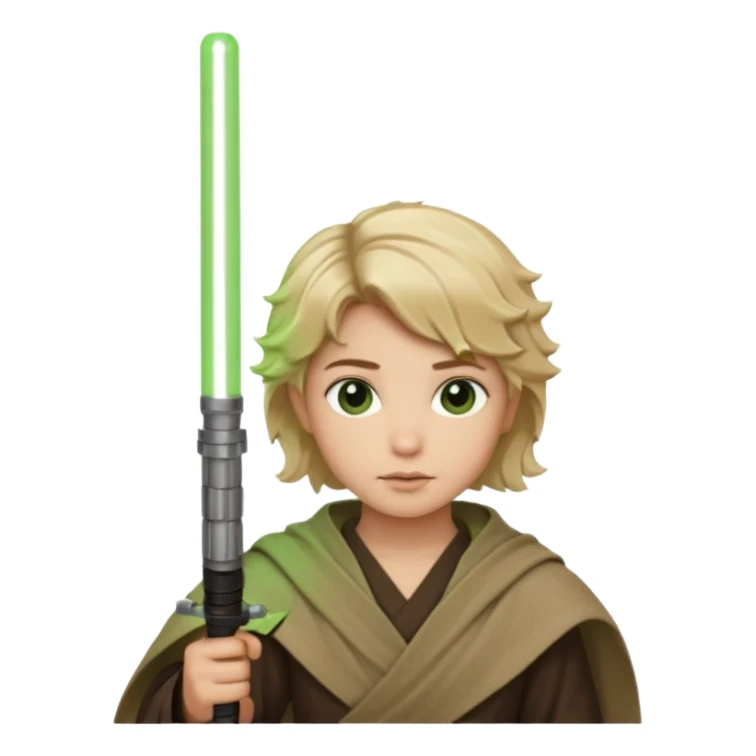 Young jedi with sandy blonde wavy short hair holding a green light saber, he has dark brown eyes sticker