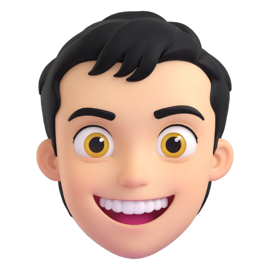 floating head of a boy with short black hair, dark eyebrows, mischievous smile showing gold teeth or grillz, smooth cartoon style, emoji aesthetic, simple background, centered face, expressive eyes sticker