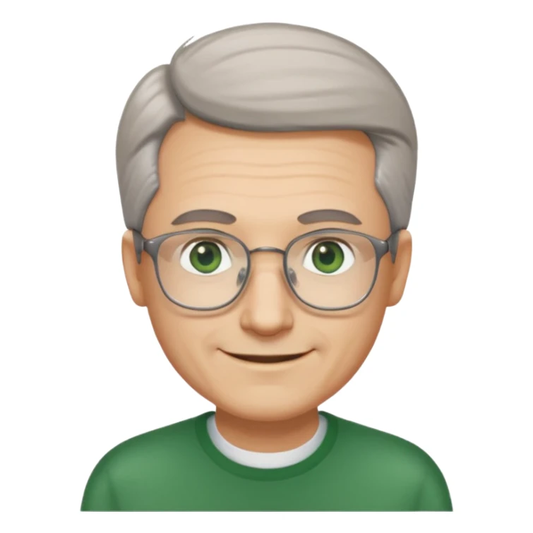Man with receding hair, grey hair only on the sides, green eyes, rectangular reading glasses, rounded clear face, with a smile sticker