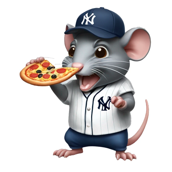 angry rat eating a pizza while wearing New York yankee cap sticker