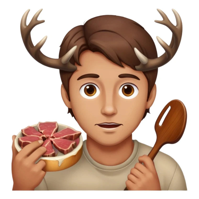 Man with deer antlers eats meat, brown hair sticker