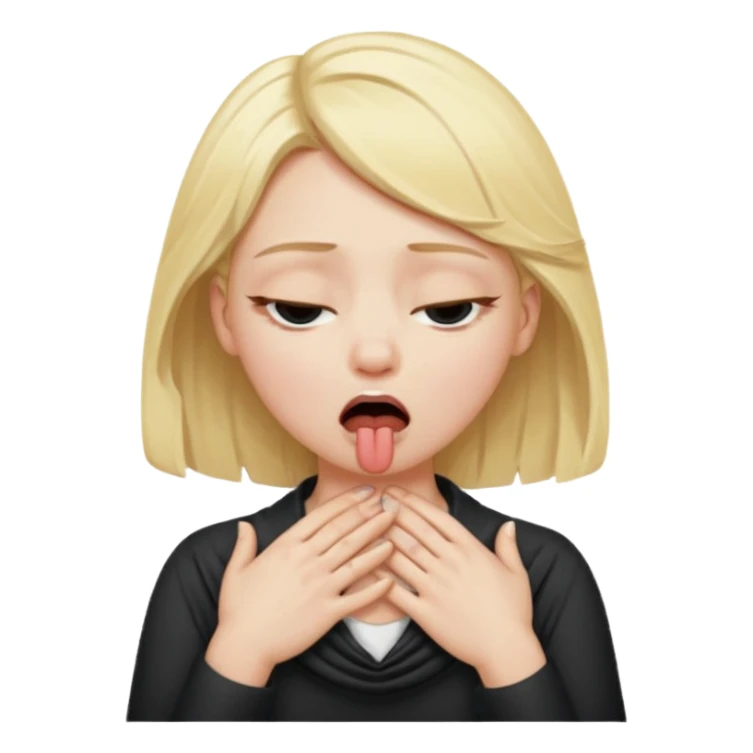 blond girl choking herself, hands around neck, one eye open, one eye closed, mouth wide open sticker