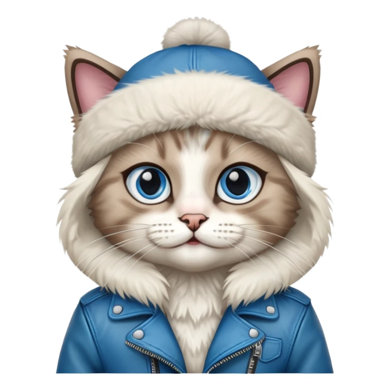 Ragdoll cat wearing a leather jacket and a beanie sticker