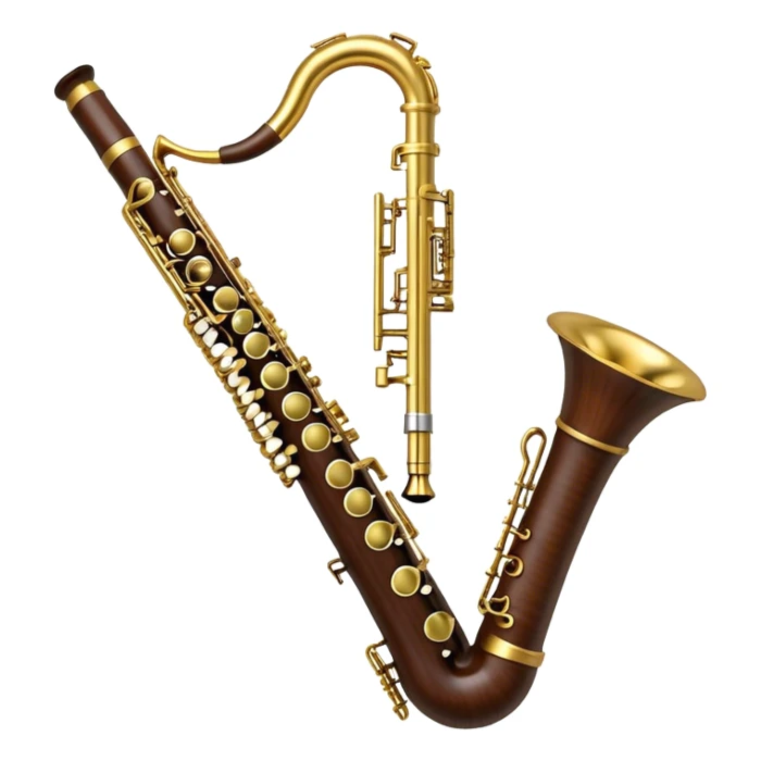 Create a refined and sophisticated emoji representing the Yamaha Custom Duet+ oboe. The design should feature the sleek, polished body of the oboe with elegant keywork details and a rich wood finish. The oboe should have a shiny, metallic look for its key components, and the bell should be subtly flared. Add musical notes or sound waves gently emanating from the instrument to reflect its melodic, smooth sound. Use warm, earthy tones like dark brown, gold, and silver to evoke the professional, classic vibe of a high-end woodwind instrument. The background should be transparent. sticker