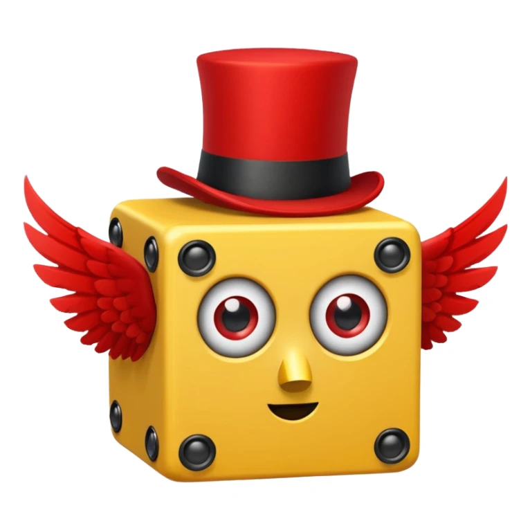 yellow lucky block, with 2 red question marks for the pupils inside the eyes, wings, and a red top hat, and has the :3 face  sticker