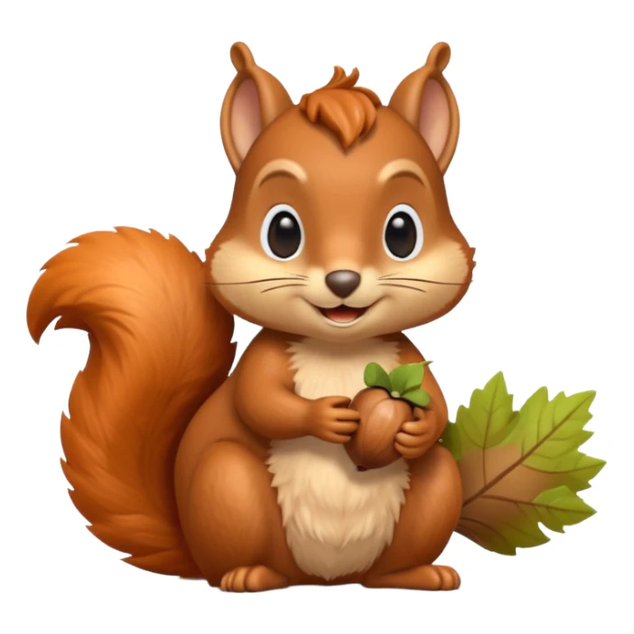 A 3D cartoon squirrel holding an acorn, fluffy tail curled up, orange-brown fur, happy face, soft natural light, Memoji-style look. sticker