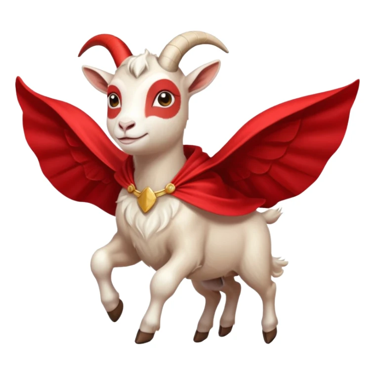 side view of white female goat wearing a read cape like superman sticker