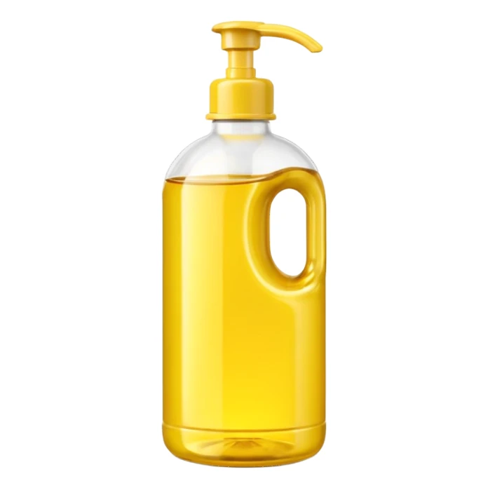 yellow plastic oil bottle, tall, rounded, molded lines, built-in handle, glossy, yellow cap, white neck, soft reflections, gentle shadows, no branding, no label, no food, no faces, clean 3D, soft shadows, transparent background, emoji scale sticker