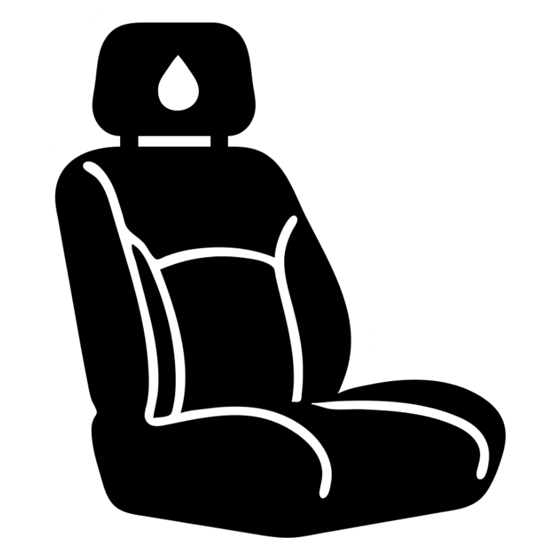 solid icon of a premium matte black car seat with a small droplet or shield on the headrest, subtle elegant stitching, minimal and elegant sticker