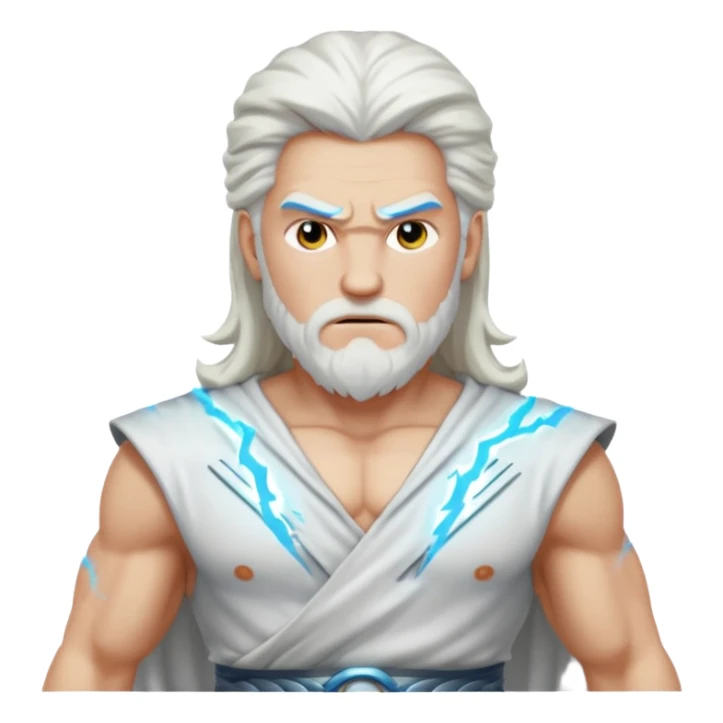 Zeus, whole body, white clothes, long white  hair, lightnings, determined face sticker