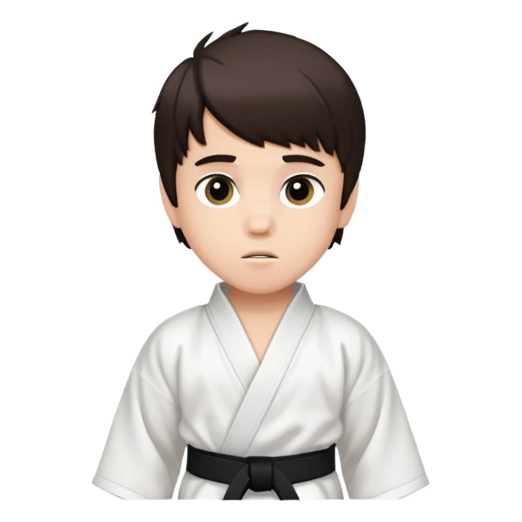 Emo 11 year old boy with white karate robe and black belt. With white skin and dark brown Justin Bieber hair. sticker
