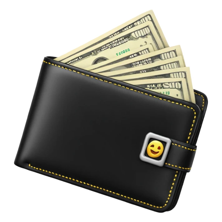 Rich emoji style black leather wallet with dollar bills, luxury money vibe, premium 3D emoji, ultra clean, high detail, no background
 sticker