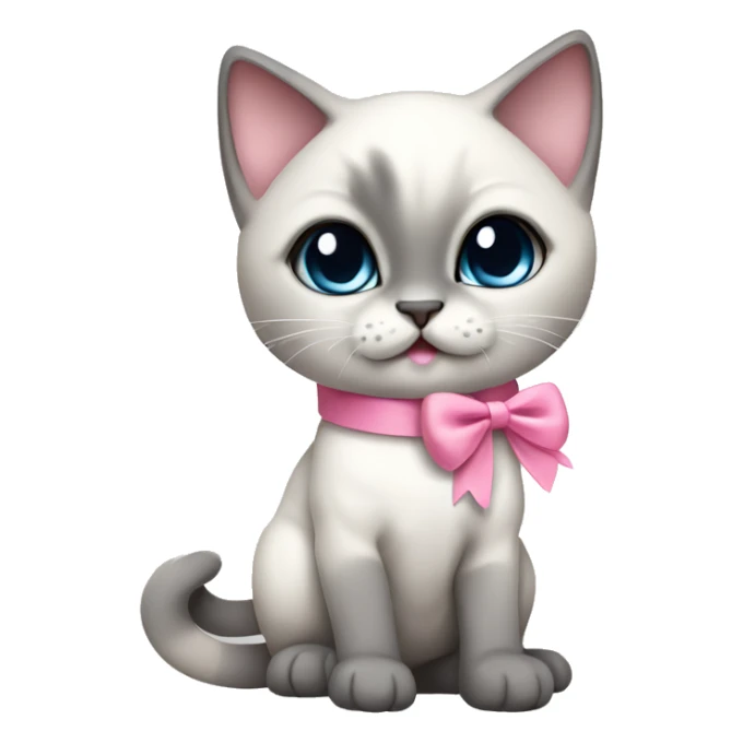 kawaii white and gray siamese kitten with pink bow full body sticker